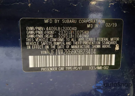 2019 Subaru Wrx Sti z USA, uszkodzony, nr VIN JF1VA2R66K9823414